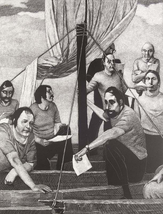 Auf dem Fluß der Medusa Lithografie Johannes Grützke Holzschnitt Radierung Schabradierung Offsetdruckt Druckgrafik Kaltnadelradierung