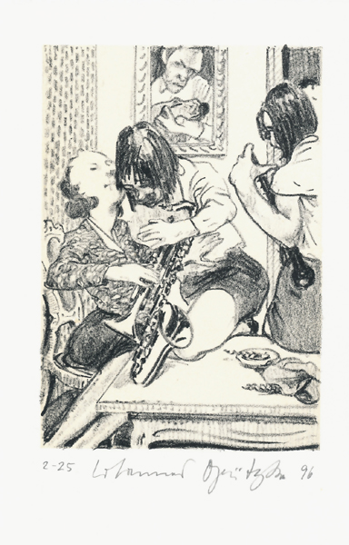 HUNDEFÜHRERINNENTRIO 2 Lithografie Johannes Grützke Holzschnitt Radierung Schabradierung Offsetdruckt Druckgrafik Kaltnadelradierung