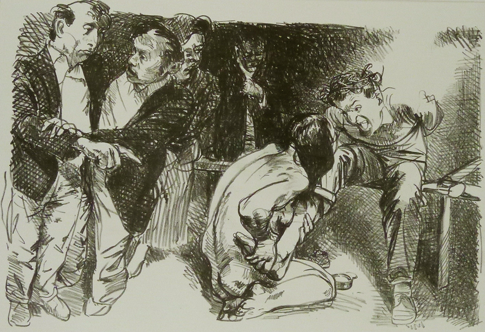 Die Zuschauer reden die Zuschauer sehen Lithografie Johannes Grützke Holzschnitt Radierung Schabradierung Offsetdruck  Andruck Neue Prächtigkeit Druckgrafik Kaltnadelradierung Steinzeichnung