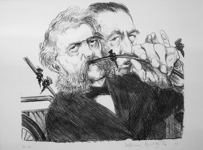 Langenbeck und ich Lithografie Johannes Grützke Holzschnitt Radierung Schabradierung Offsetdruck Druckgrafik
