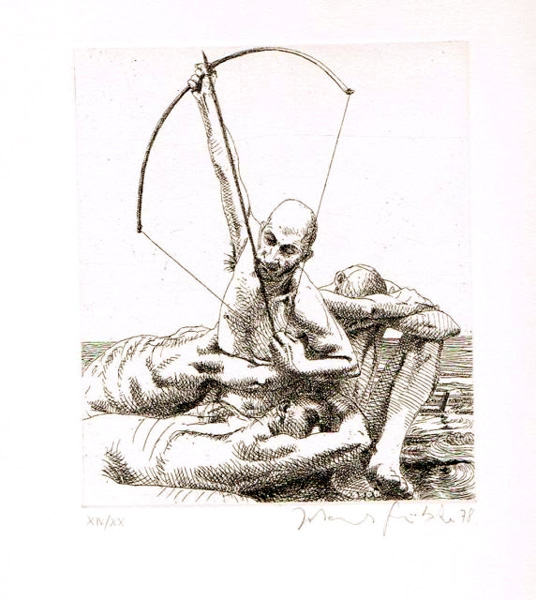 Pfeil der Sehnsucht Lithografie Johannes Grützke Holzschnitt Radierung Schabradierung Offsetdruckt Druckgrafik Kaltnadelradierung