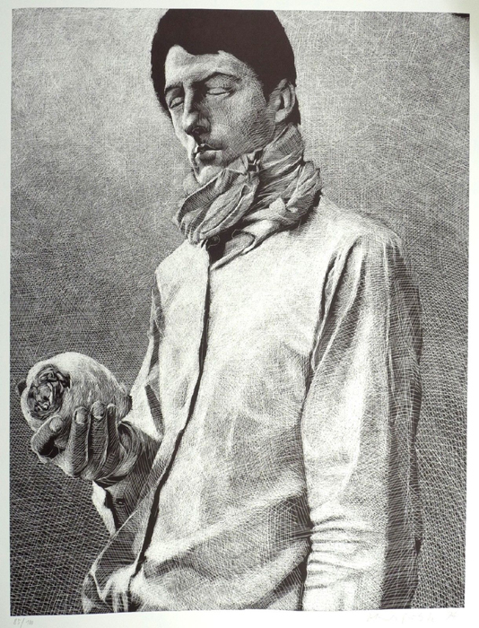 der Mann mit dem Rettich Lithografie Johannes Grützke Holzschnitt Radierung Schabradierung Offsetdruck  Druckgrafik