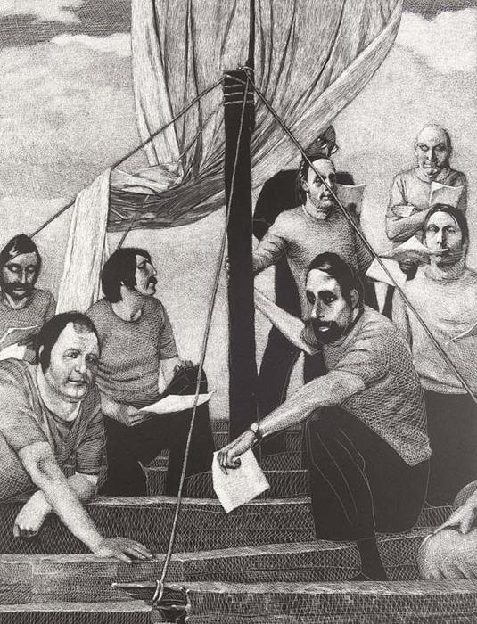 AUF DEM FLOSS DER MEDUSA Auf dem Fluß der Medusa Lithografie Johannes Grützke Holzschnitt Radierung Schabradierung Offsetdruckt Druckgrafik Kaltnadelradierung