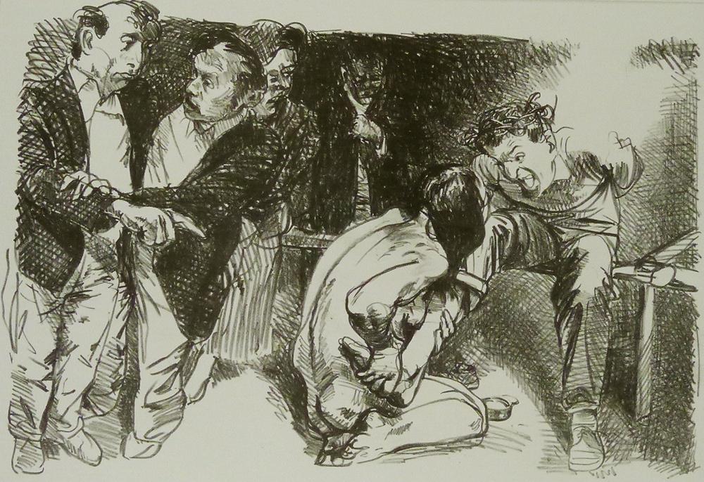DIE ZUSCHAUER REDEN, DIE ZUSCHAUER SEHEN://WÄHREND DER FUSSWASCHUNG DURCH TRÄNEN ERSCHEINT HINTER DEM GEFESSELTEN EIN LICHT! Die Zuschauer reden die Zuschauer sehen Lithografie Johannes Grützke Holzschnitt Radierung Schabradierung Offsetdruck Andruck Neue Prächtigkeit Druckgrafik Kaltnadelradierung Steinzeichnung