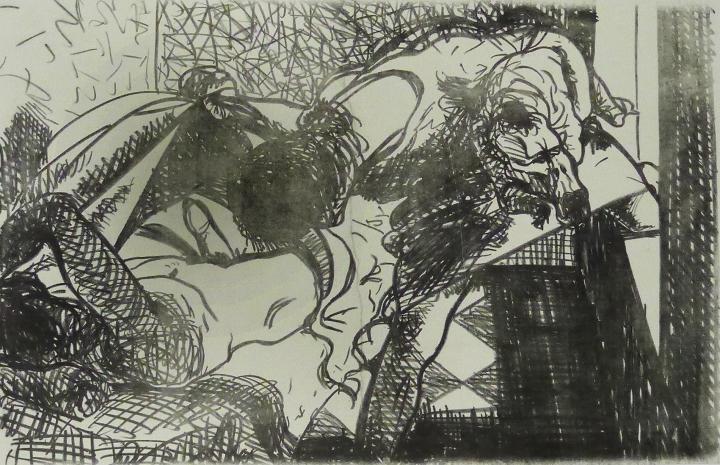 SIE ENTBLÖST DEN GAST BEIM SCHLAF (Blatt V zu: Hedwig!) Hedwig 3 Kathedrale des Künstlers Lithografie Johannes Grützke Holzschnitt Radierung Schabradierung Offsetdruckt Druckgrafik Kaltnadelradierung