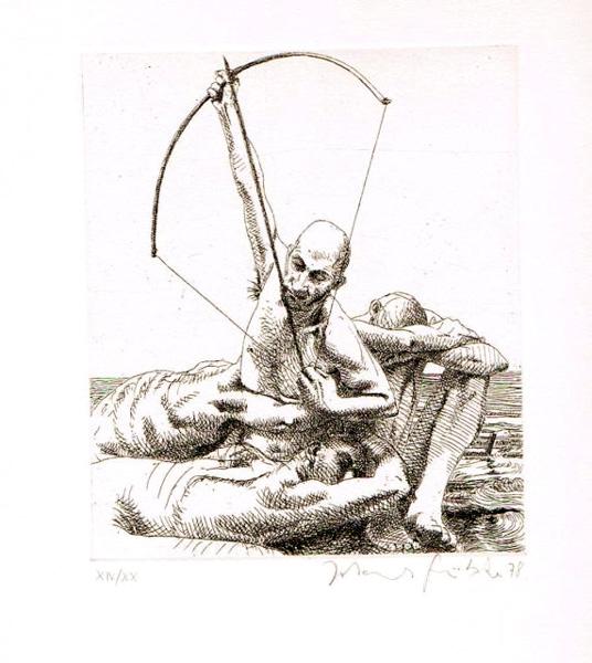 Pfeil der Sehnsucht Lithografie Johannes Grützke Holzschnitt Radierung Schabradierung Offsetdruckt Druckgrafik Kaltnadelradierung