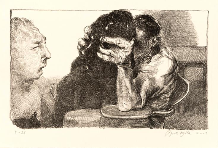 MIT DEM MITTELFINGER IN DEN AUGEN DER SCHWARZEN SKULPTUR Prometheus 1 Lithografie Johannes Grützke Holzschnitt Radierung Schabradierung Offsetdruck Andruck Neue Prächtigkeit Druckgrafik Kaltnadelradierung