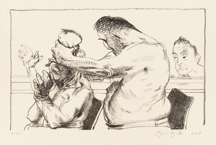 MIT DER HAND EINE STIRN ZERQUETSCHEND Prometheus 2 Lithografie Johannes Grützke Holzschnitt Radierung Schabradierung Offsetdruck Andruck Neue Prächtigkeit Druckgrafik Kaltnadelradierung