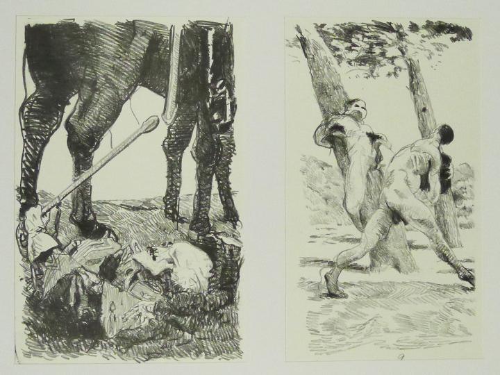 EIN TREUER GRENADIER (links) & BLEIB MIR TREU, SONDERBARER SCHWÄRMER! (rechts) Steinzeichnungen 7 Lithografie Johannes Grützke Holzschnitt Radierung Schabradierung Offsetdruckt Druckgrafik Kaltnadelradierung