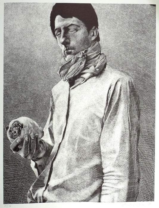 DER MANN MIT DEM RETTICH der Mann mit dem Rettich Lithografie Johannes Grützke Holzschnitt Radierung Schabradierung Offsetdruck Druckgrafik