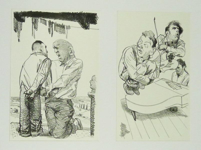ZUNÄCHST DI BEGRÜSSUNG,UNTER ALLEN UMSTÄNDEN! (links) & INBRUNST,DER SCHRECKEN DER MUSIKER,WENN SIE AUFTAUCHT. vierzig Steinzeichnungen Lithografie Johannes Grützke Holzschnitt Radierung Schabradierung Offsetdruck Druckgrafik 1985